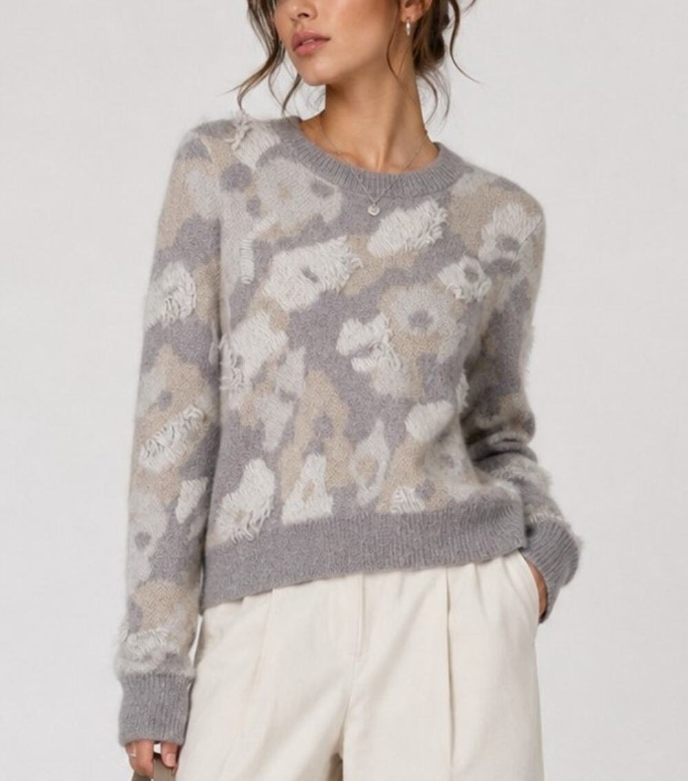 Rag & Bone Mohair Alpaca Sweater Womens S Gray Leopard Fringe Knit Indie Luxury